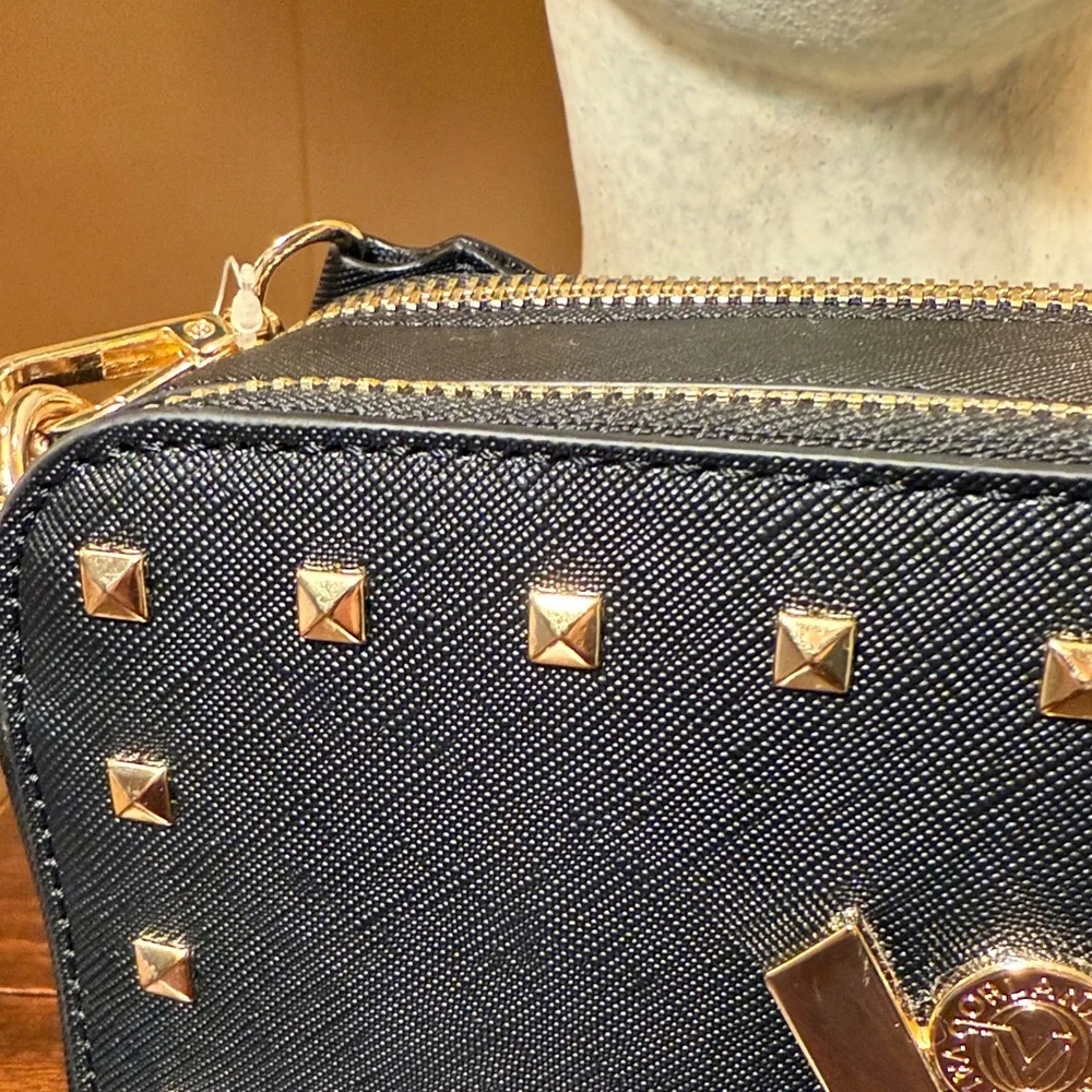 NWT Valentino Orlandi Black Gold Studded Textured Crossbody Camera Bag Purse